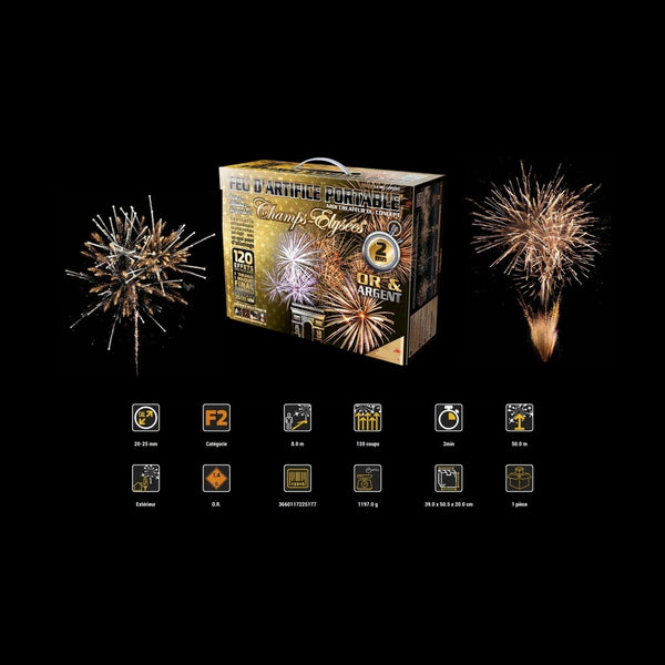 Batterie feu d'artifice or et argent 120 départs 2mn