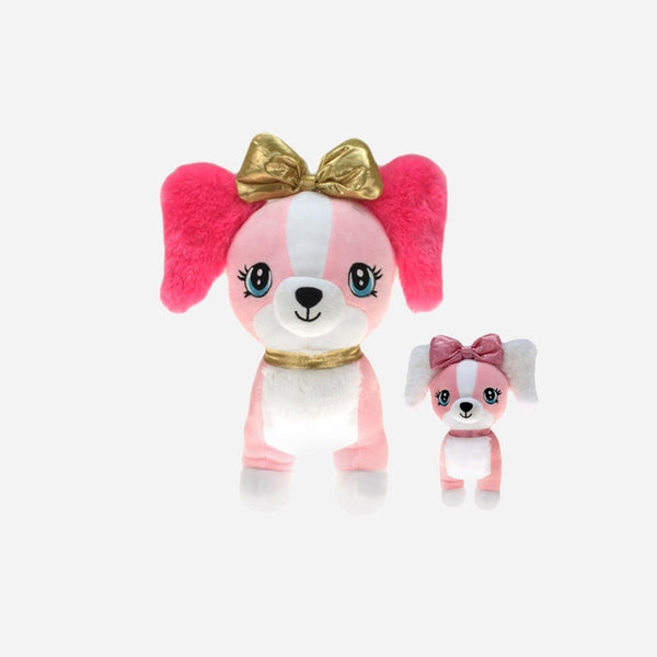 Peluche chien debout "Girly" avec noeud et collier assorti 25 cm