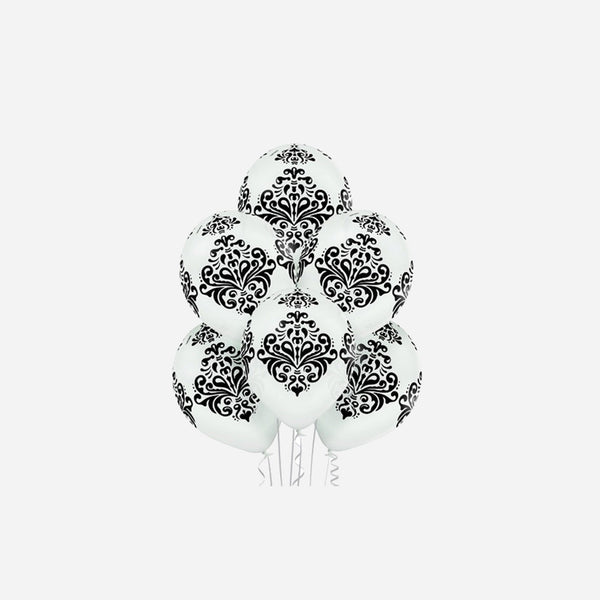 Lot de 6 ballons de fête blanc motif Damas noir 30 cm