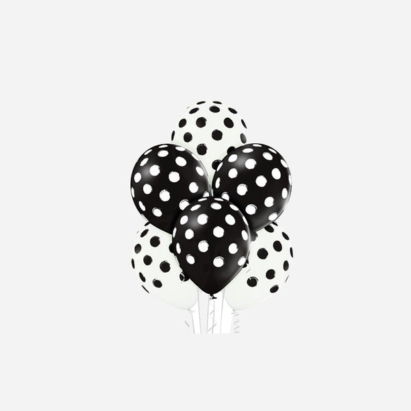 Lot de 6 ballons de fête motifs pois point noir blanc assorti