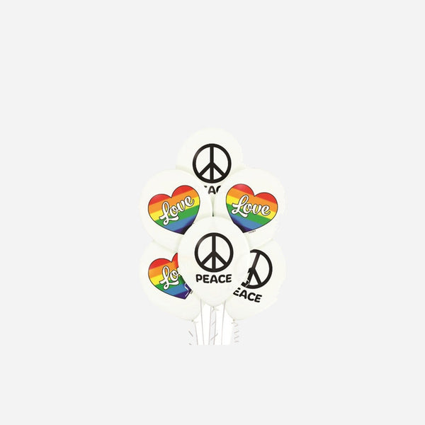 Lot de 6 ballons de fête blanc motifs peace & love assorti