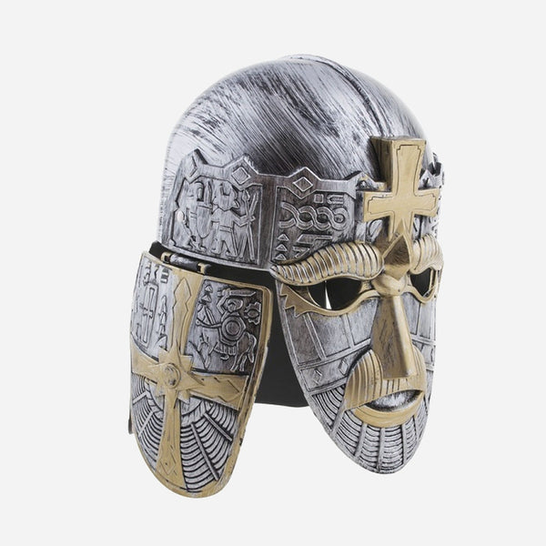 Casque de chevalier gris et doré