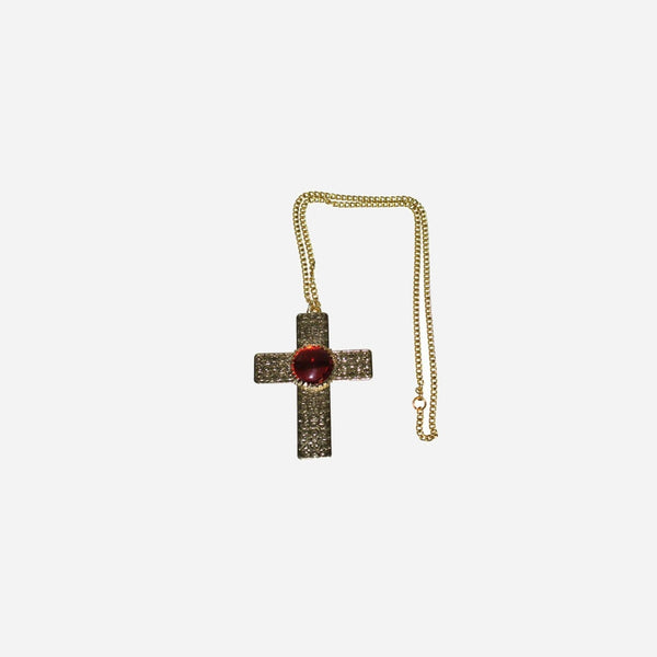 Collier croix métal avec faux rubis fantaisie