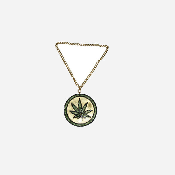 Collier métal avec médaillon motif feuille verte 13 cm fantaisie