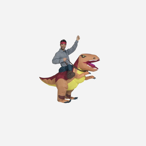 Déguisement gonflable aventurier sur T-rex adulte
