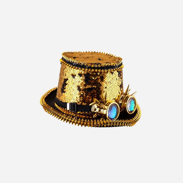 Chapeau haut de forme steampunk lunettes sequins 15 cm