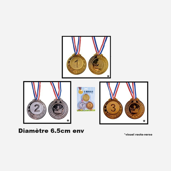 Lot de 3 médailles or argent et bronze avec ruban 6.5 cm