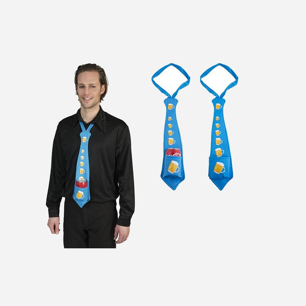 Cravate bleu à motif bières avec poche porte boisson fantaisie