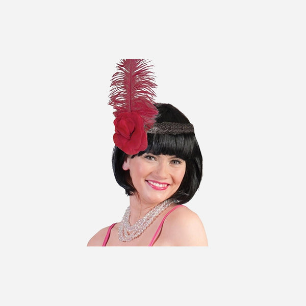 Bandeau charleston à sequins noir plume et fleur rouge