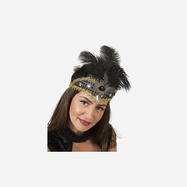 Bandeau charleston à sequins et plumes noir 22 cm