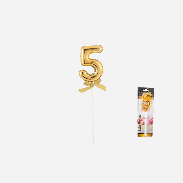 Topper chiffre "5" métallisé avec ruban or sur pique 23.5 cm