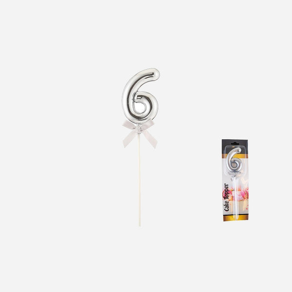 Topper chiffre "6" métallisé avec ruban argent sur pique 23.5 cm
