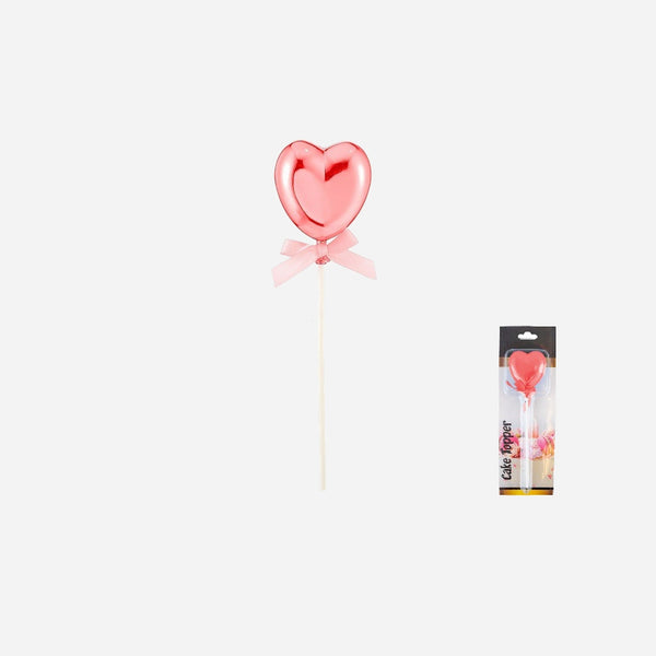 Topper coeur métallisé avec ruban rouge sur pique 21 cm