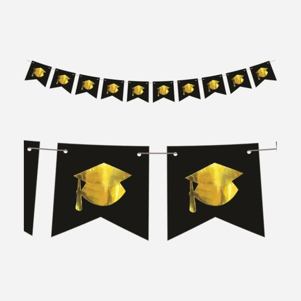 Guirlande drapeaux étudiant diplomé noir et or 5 m