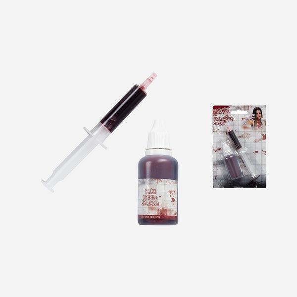 Bouteille de faux sang et seringue 30 ml de fête