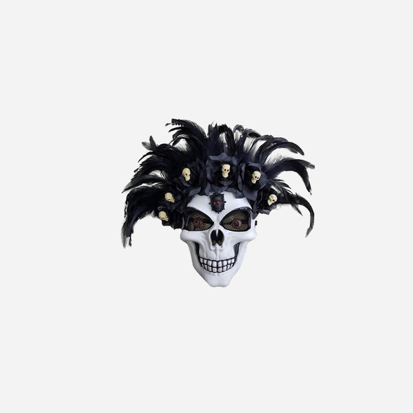 Masque coque crane avec plumes et roses noires adulte