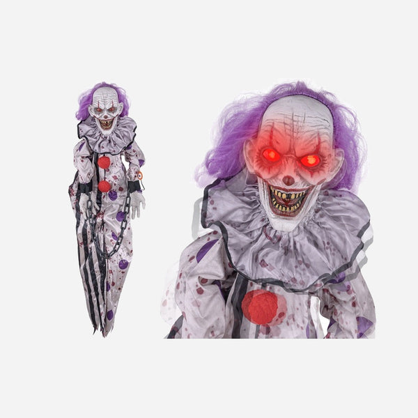 Suspension clown démoniaque lumineux sonore et motorisé 1,1 m