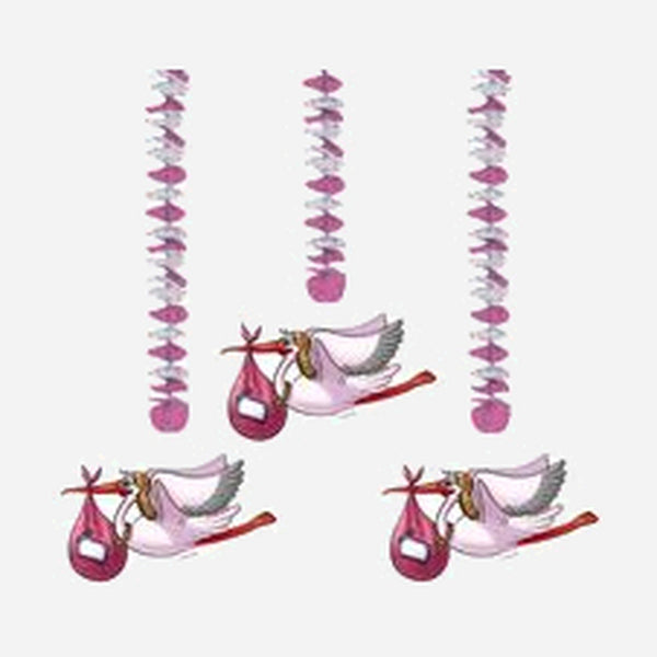 Lot de 3 suspensions cigogne rose