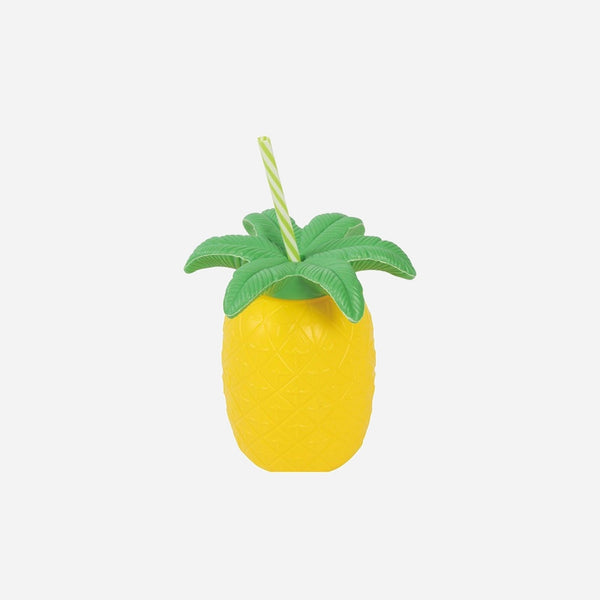 Coupe cocktail Hawaï ananas jaune avec paille et feuilles 16 cm