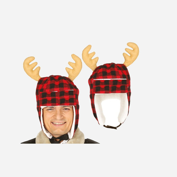 Bonnet de noël à carreaux rouge avec bois de renne adulte