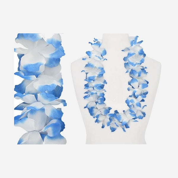Collier de 40 fleurs épais Tahiti bleu blanc 110 mm