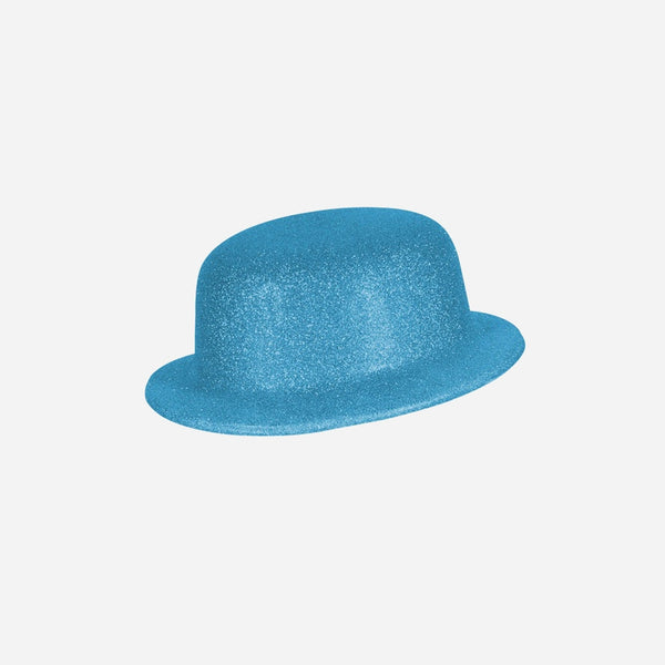 Chapeau melon en PVC à paillettes turquoise 10 cm