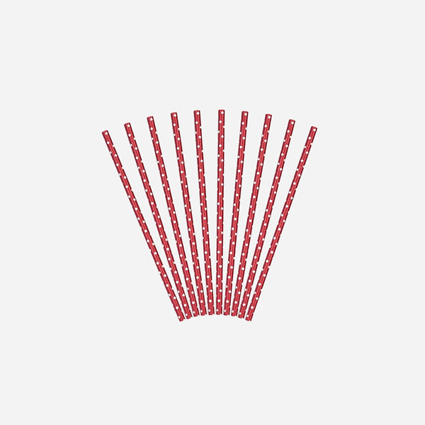 Lot de 10 pailles carton rouge à pois blanc 19.5 cm