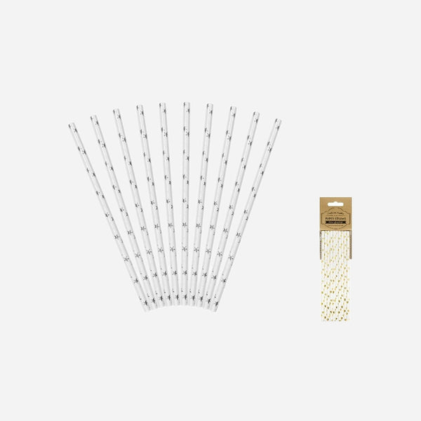 Lot de 10 pailles carton blanc avec étoiles argent 19.5 cm