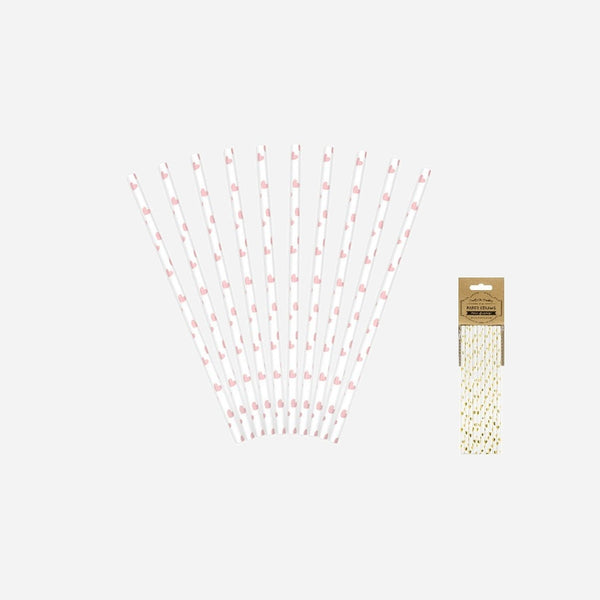 Lot de 10 pailles carton blanc avec coeurs rose 19.5 cm