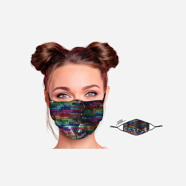 Masque textile réglable motif sequins rainbow