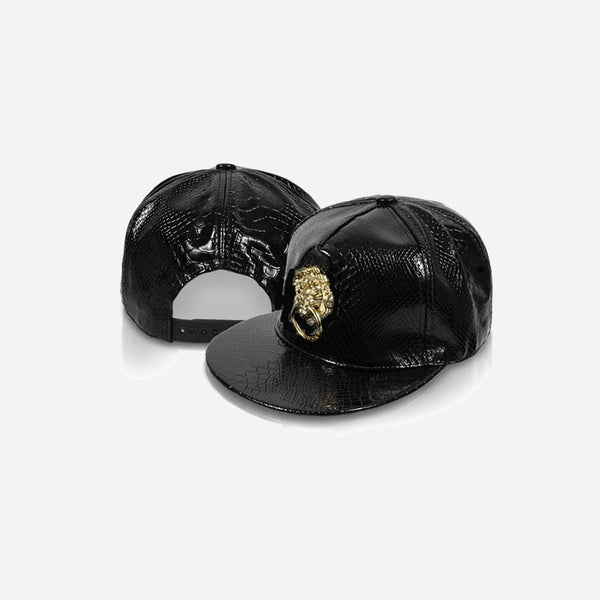 Casquette snapback Tête de lion imitation cuir noir fantaisie
