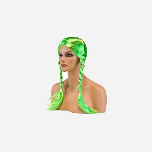 Perruque cheveux longs avec couettes fluo vert