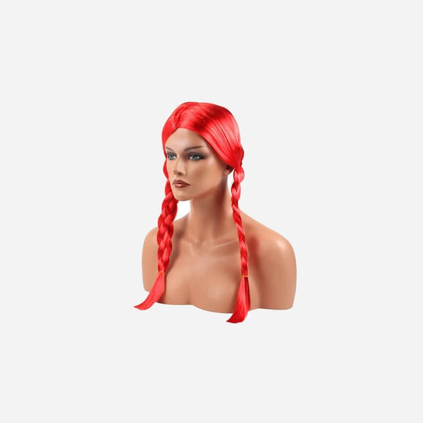 Perruque cheveux longs avec couettes fluo rouge