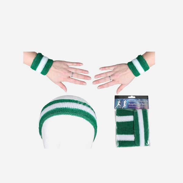 Set bandeau et bracelets éponge vert fonçé & blanc 3 pièces