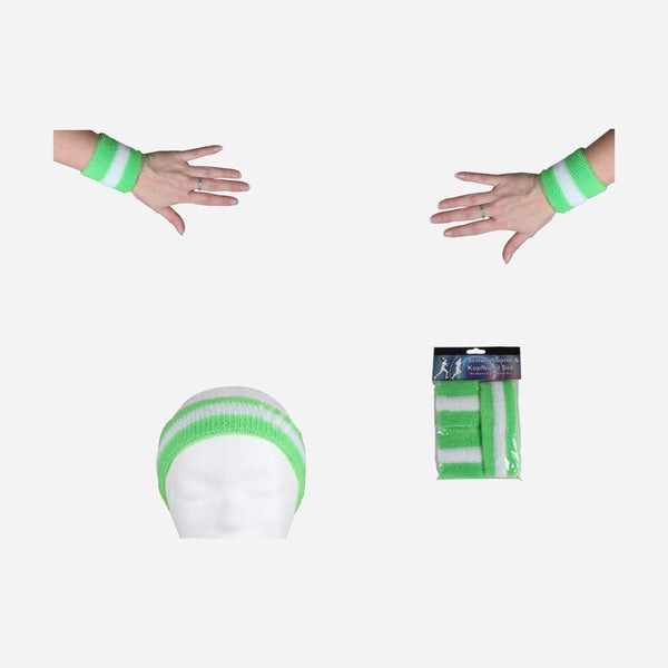 Set bandeau et bracelets éponge vert & blanc 3 pièces