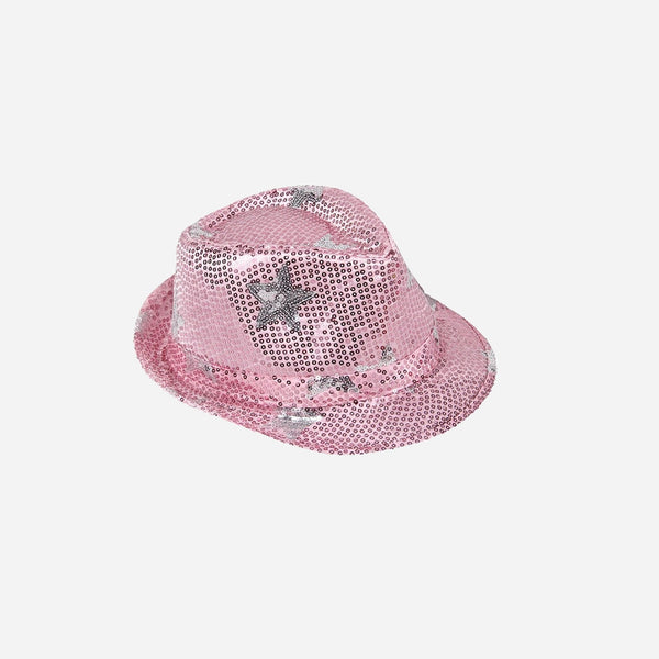Chapeau trilby à sequins rose clair avec étoiles