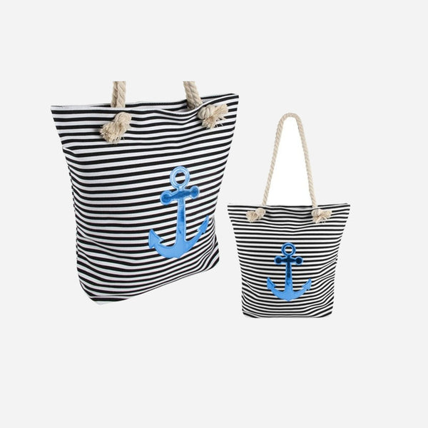 Sac de plage marin rayé noir/blanc & ancre bleu 40 × 39 cm