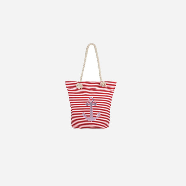 Sac de plage marin rayé rouge/blanc & ancre rose 40 × 39 cm