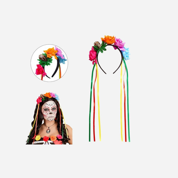 Serre-tête dia de los muertos roses colorées crâne et rubans