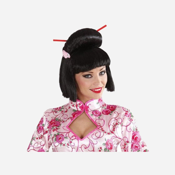 Perruque geisha avec fleurs et baguettes