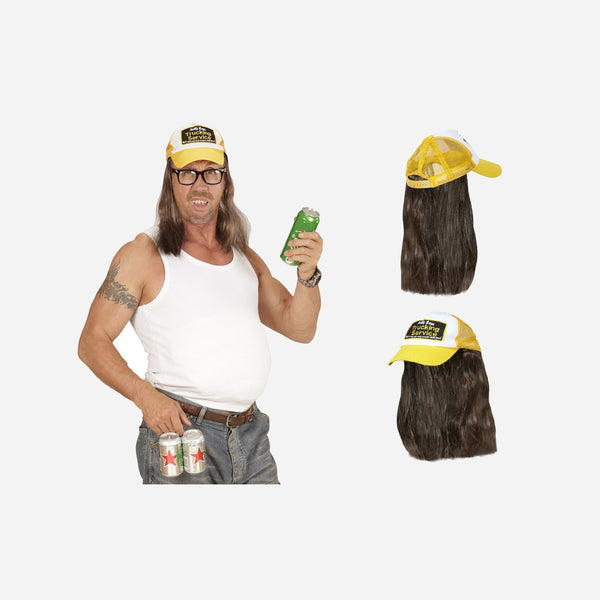 Casquette gag camionneur jaune avec cheveux longs adulte fantaisie