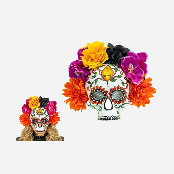 Masque coque dia de los muertos crâne avec fleurs adulte