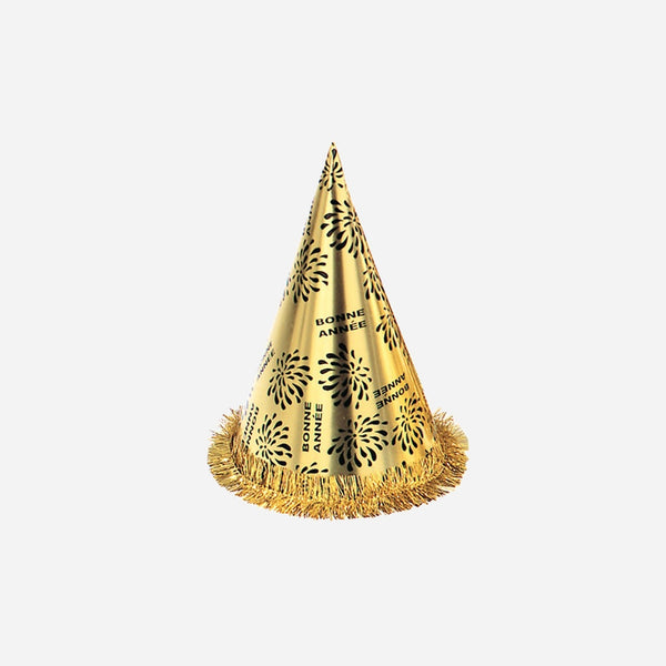 Chapeau cône métallisé or Bonne Année avec guirlande 27 cm