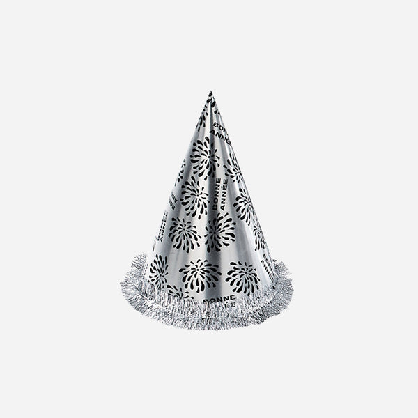Chapeau cône métallisé argent Bonne Année avec guirlande 27 cm