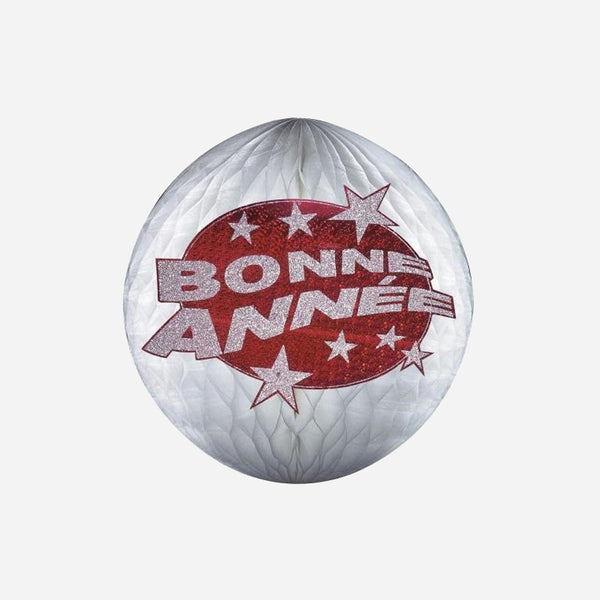 Boule festonnée bonne année blanc rouge 25 cm