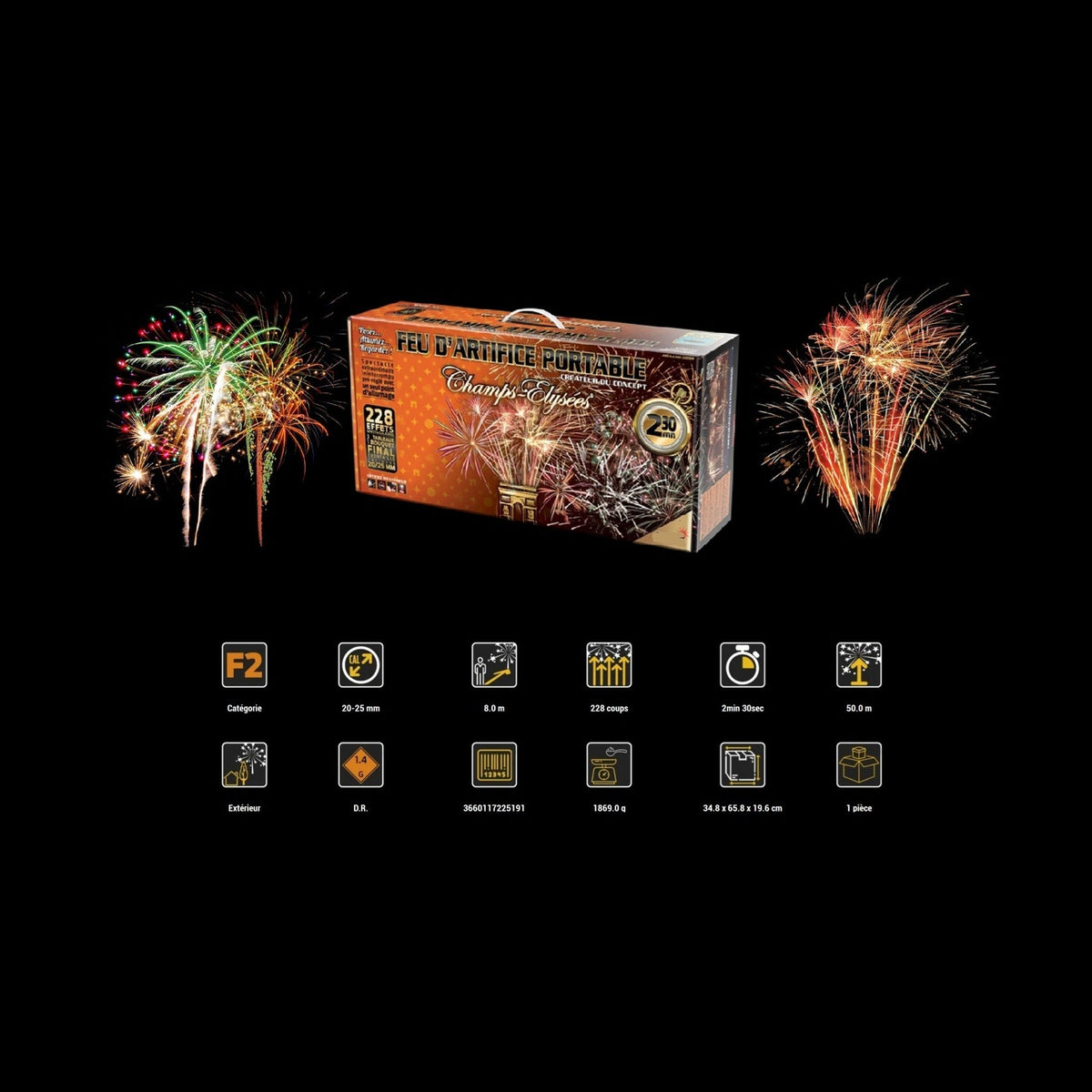Batterie feu d'artifice automatique 228 départs 2mn 30 s