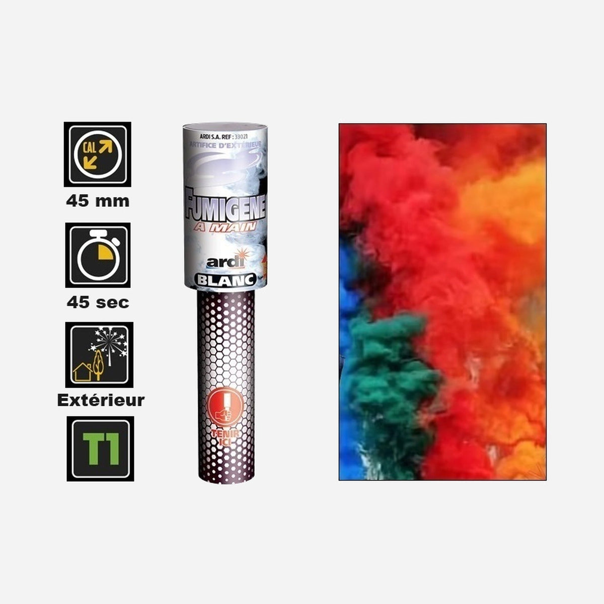 1x fumigène à main blanc catégorie T1 45 s