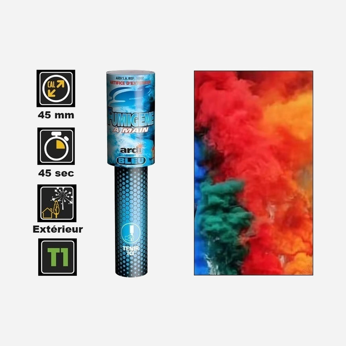 1x fumigène à main bleu catégorie T1 45 s