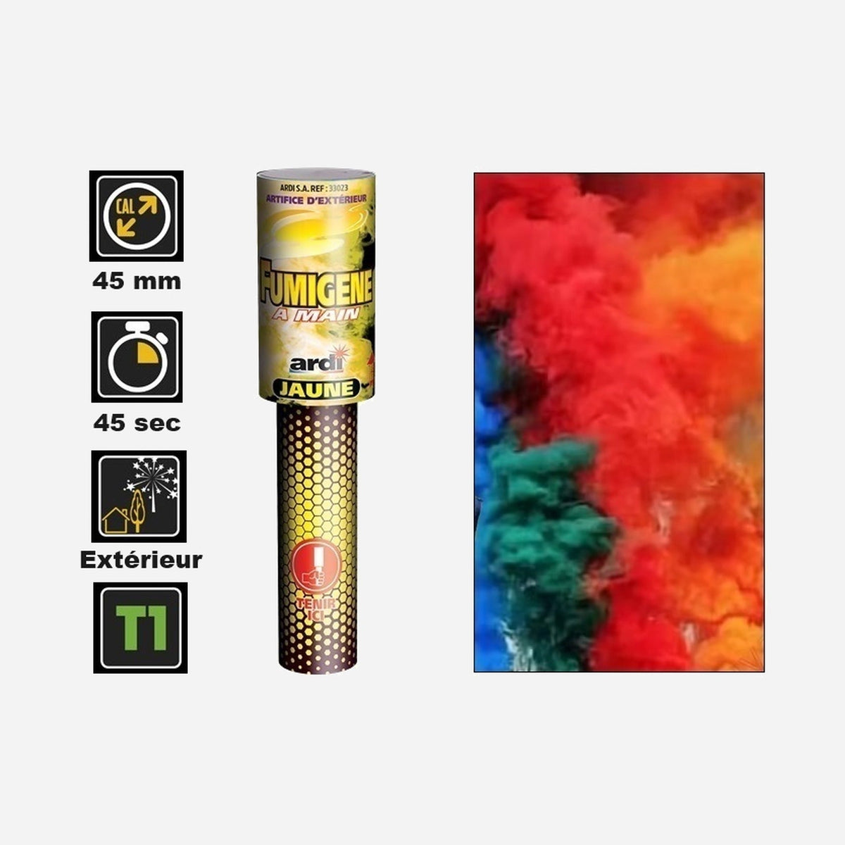 1x fumigène à main jaune catégorie T1 45 s