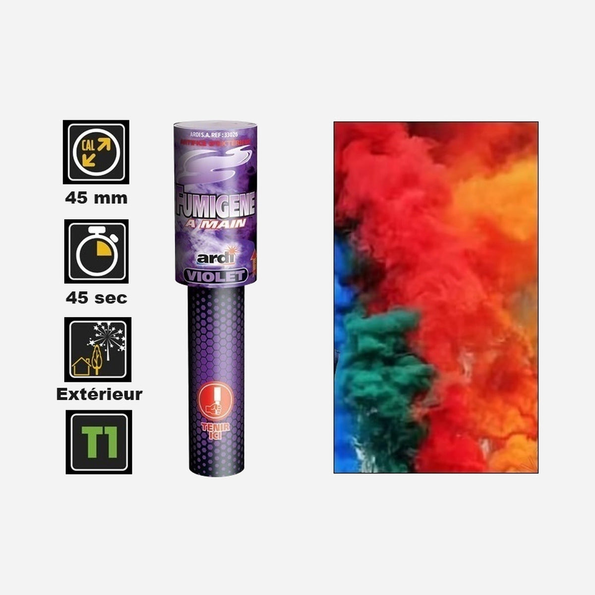 1x fumigène à main violet catégorie T1 45 s